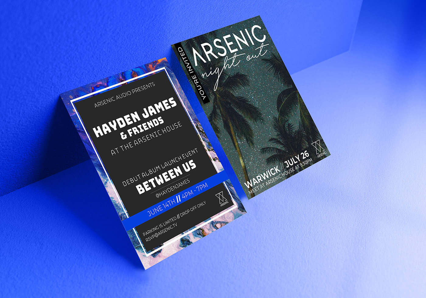 Double business card leaning against the wall mockup template