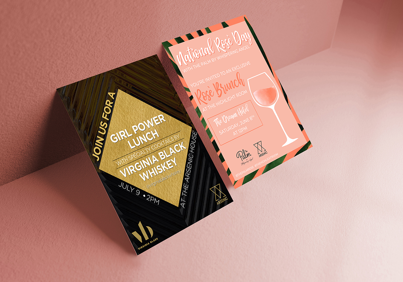 Double business card leaning against the wall mockup template