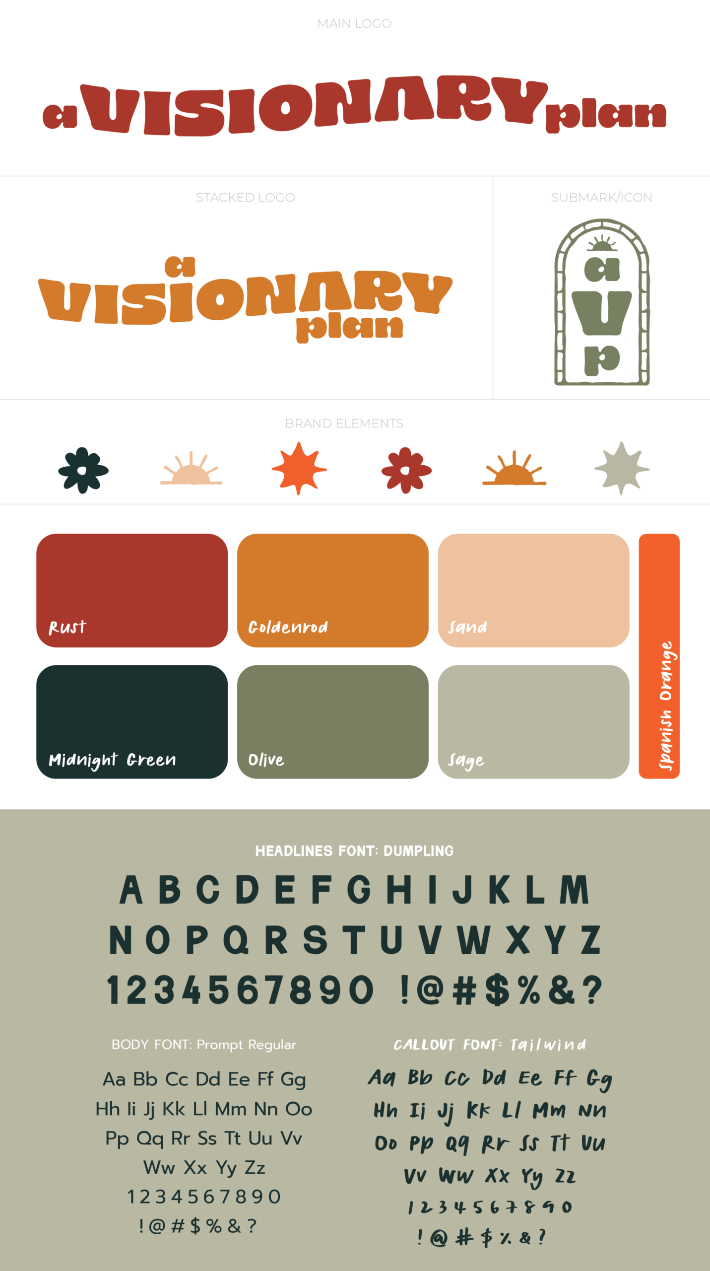 A Visionary Plan visual brand identity sheet with the primary logo, secondary logo, submark, brand icons, brand color palette, and brand fonts.