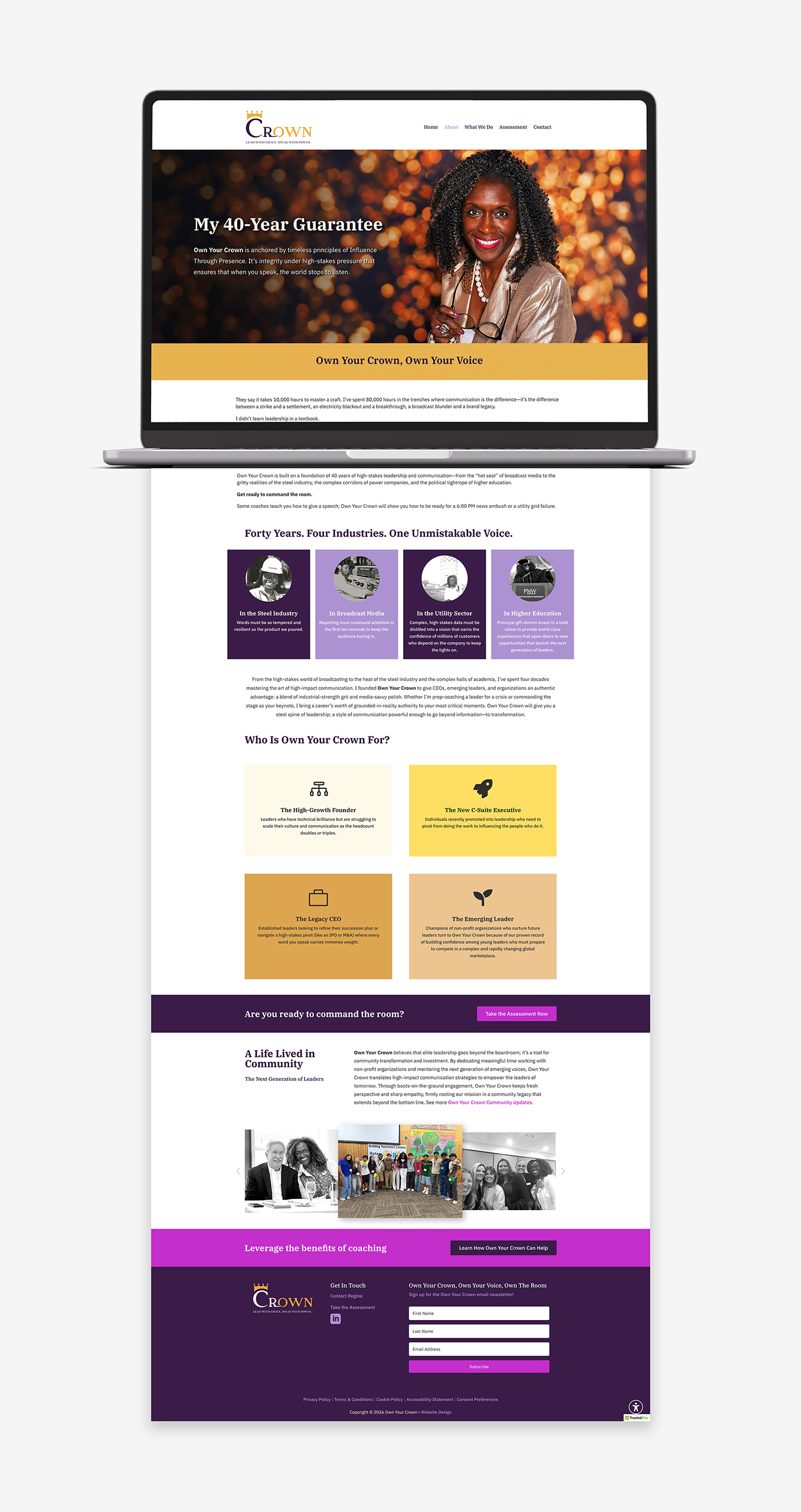 Gray-Creative-Studio-Own Your Crown-Website-About Page-Mockup A mock up of the services website page for Doggie Dreamz on a laptop computer. The remainder of the page flows off the bottom of the laptop.