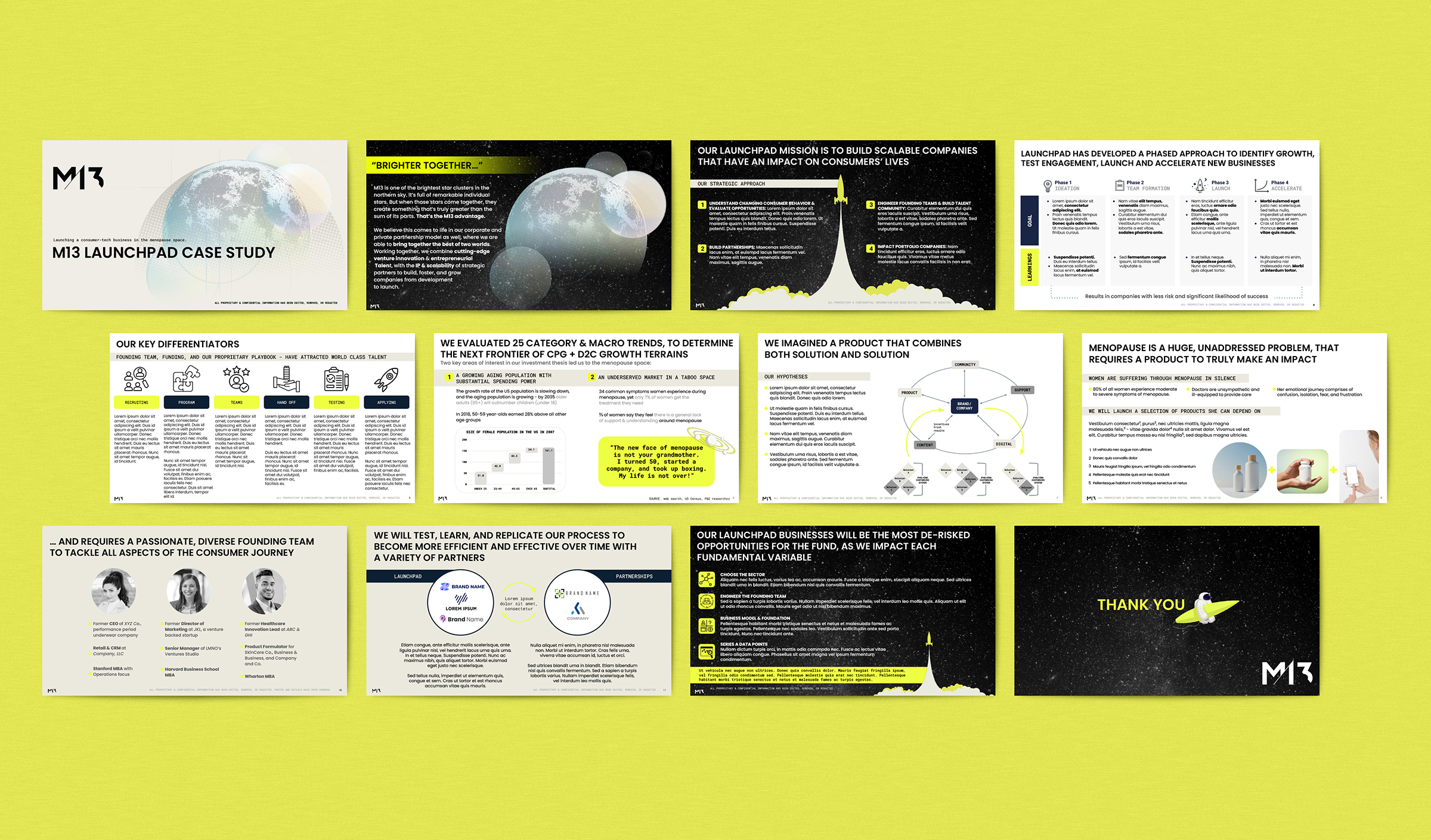 M13-Launchpad Case Study Pitch Deck-REDACTED-MOCKUP A mock up of a pitch deck design for M13, with all proprietary information redacted or changed, designed by Gray Creative Studio.