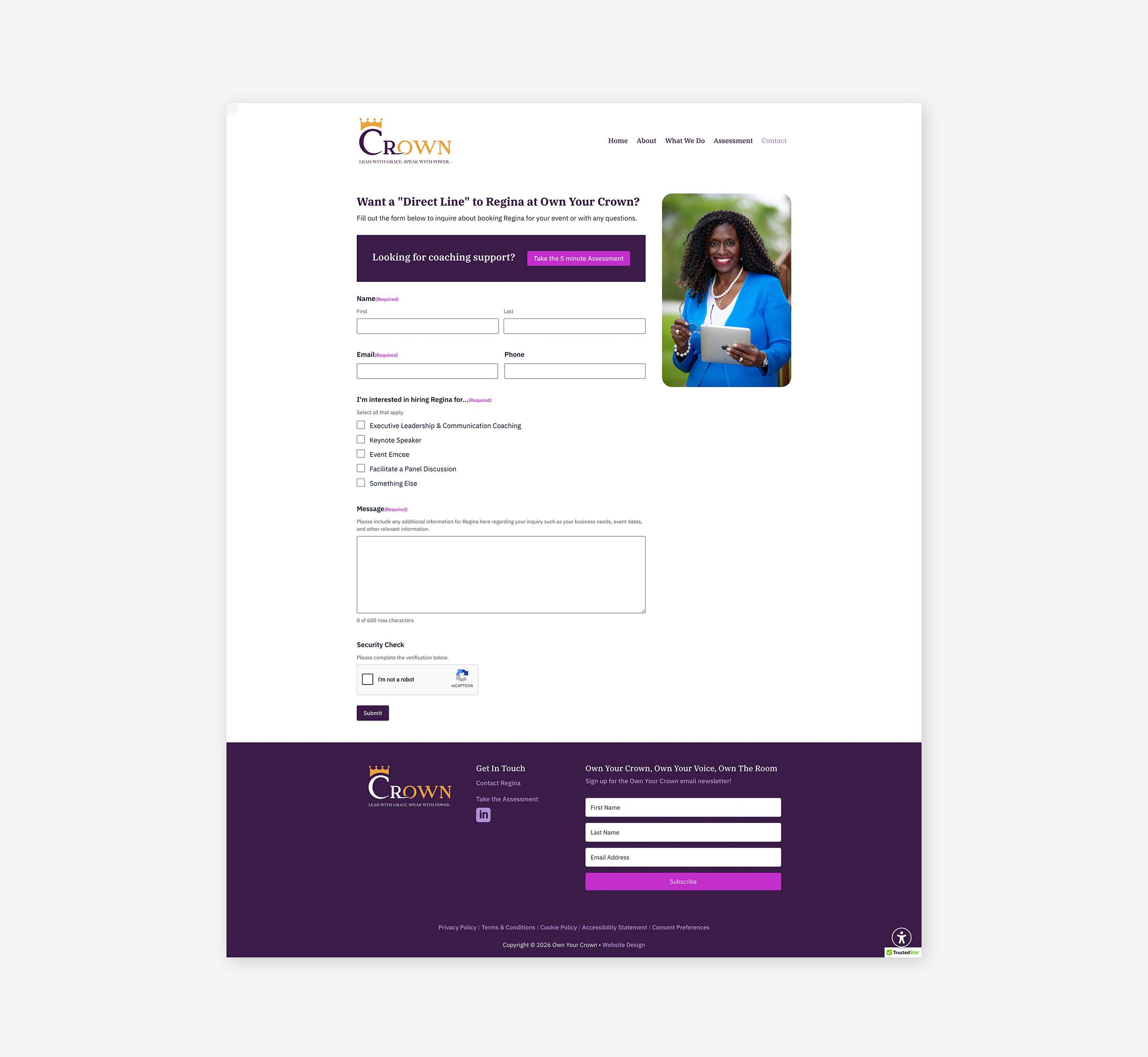 Gray-Creative-Studio-Own Your Crown-Website-Contact Page-Mockup A screenshot of the contact page on the Own Your Crown website, designed by Gray Creative Studio, sits on a light grey background with a drop shadow behind it.